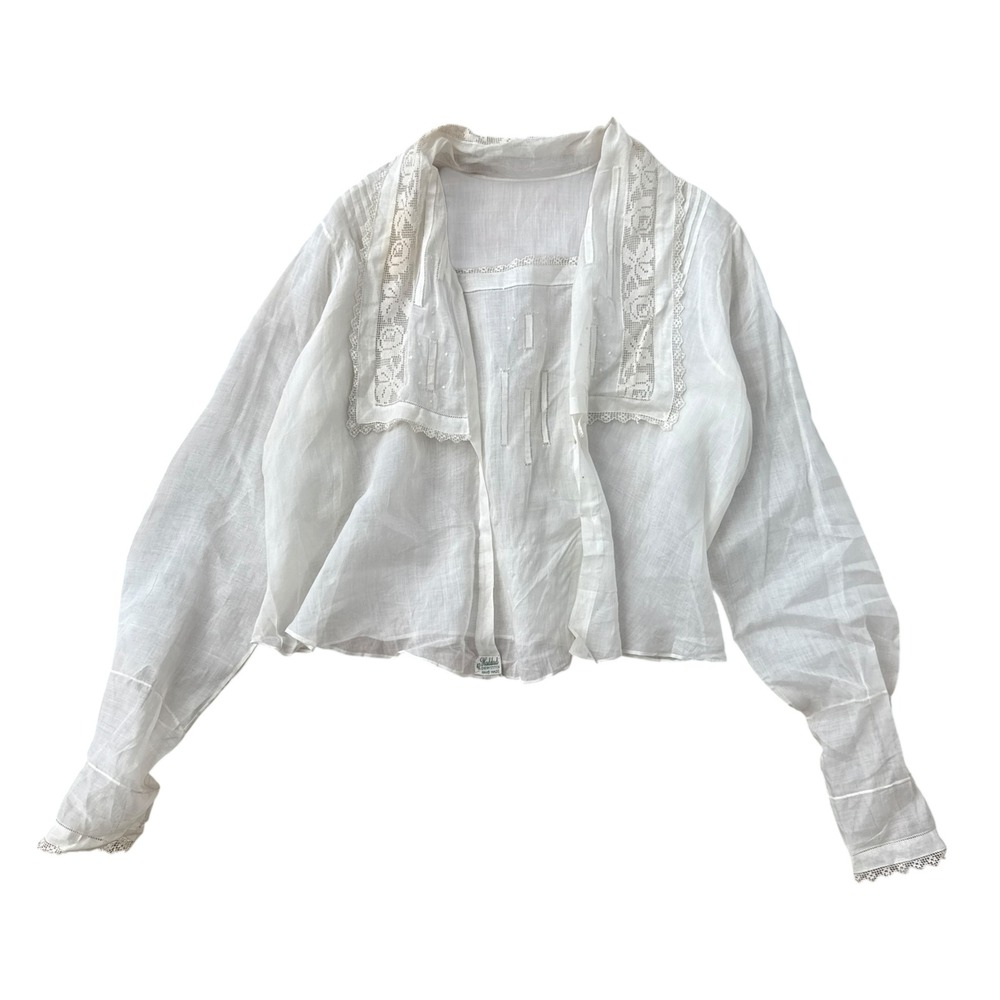 1920s Antique Handmade Blouse Lace Collar Edwardian Victorian XL White Linen